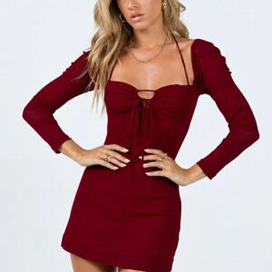 PRINCESS POLLY | Stassie Mini Dress Burgundy Tie Front Bodycon Long Sleeve | Siz